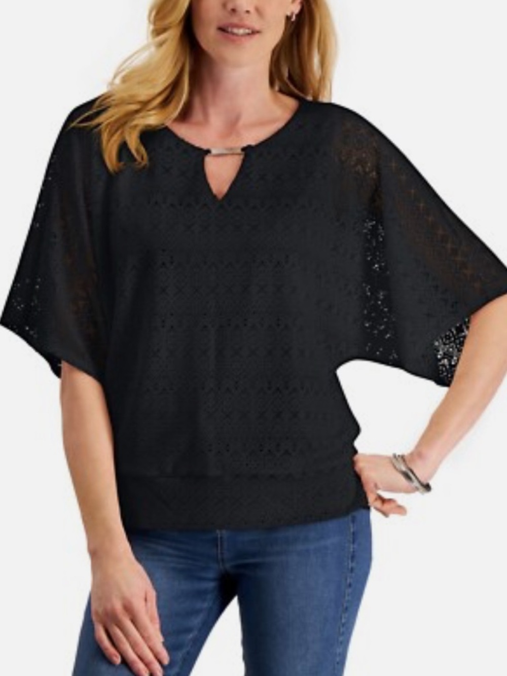 JM Collection Black Crochet Batwing Top